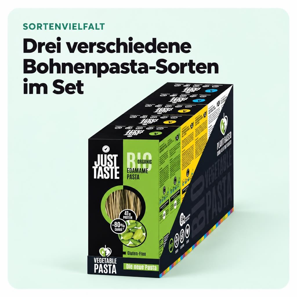 JUST TASTE - 3 BIO Superfood Bohnen Pasta Sorten - 6er Pack á 250g (2 x Edamame, 2x Kichererbse, 2x Black Beans) – Bild 4