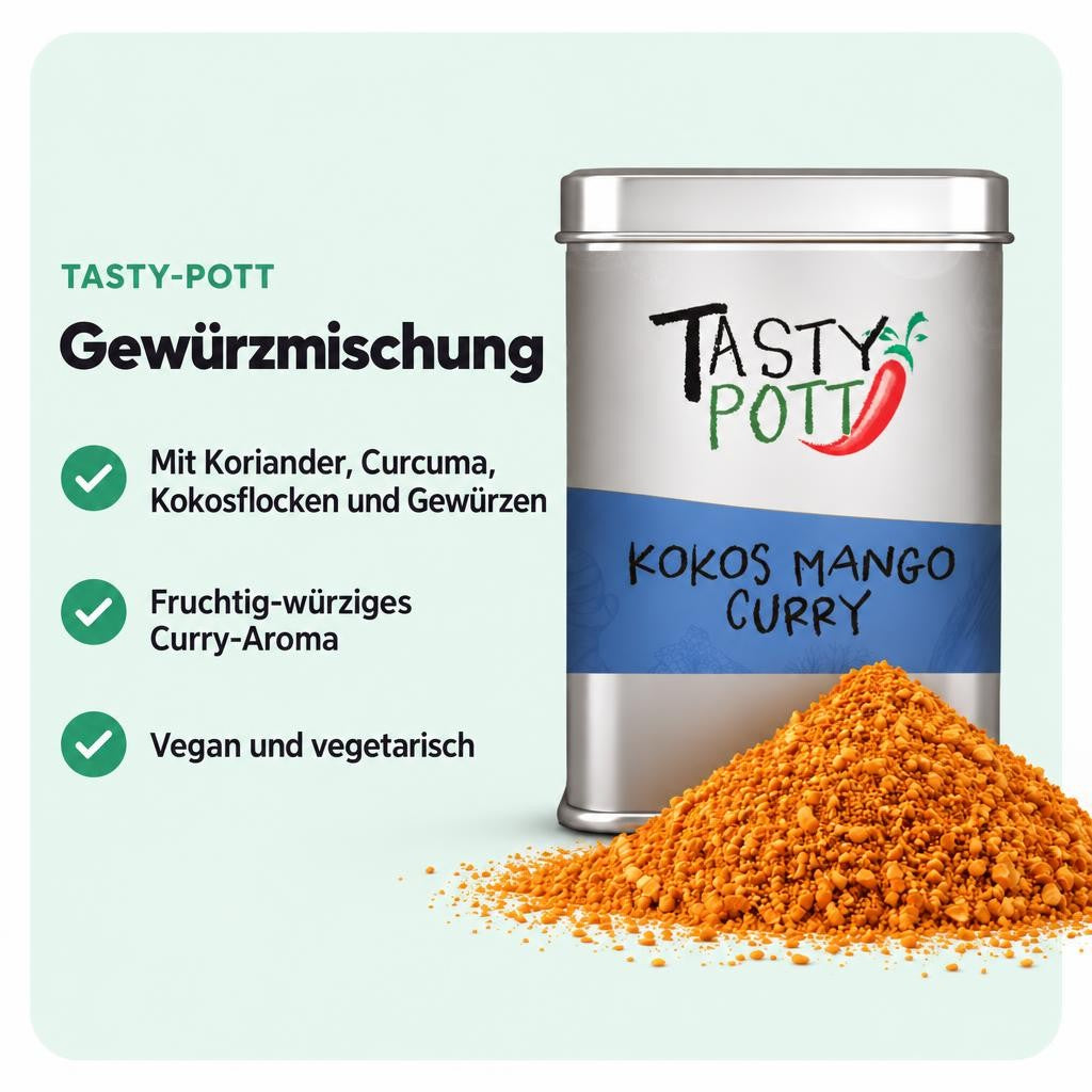 Fruchtig-würzige Mischung mit Kokos, Mango und Curry für exotische Gerichte.