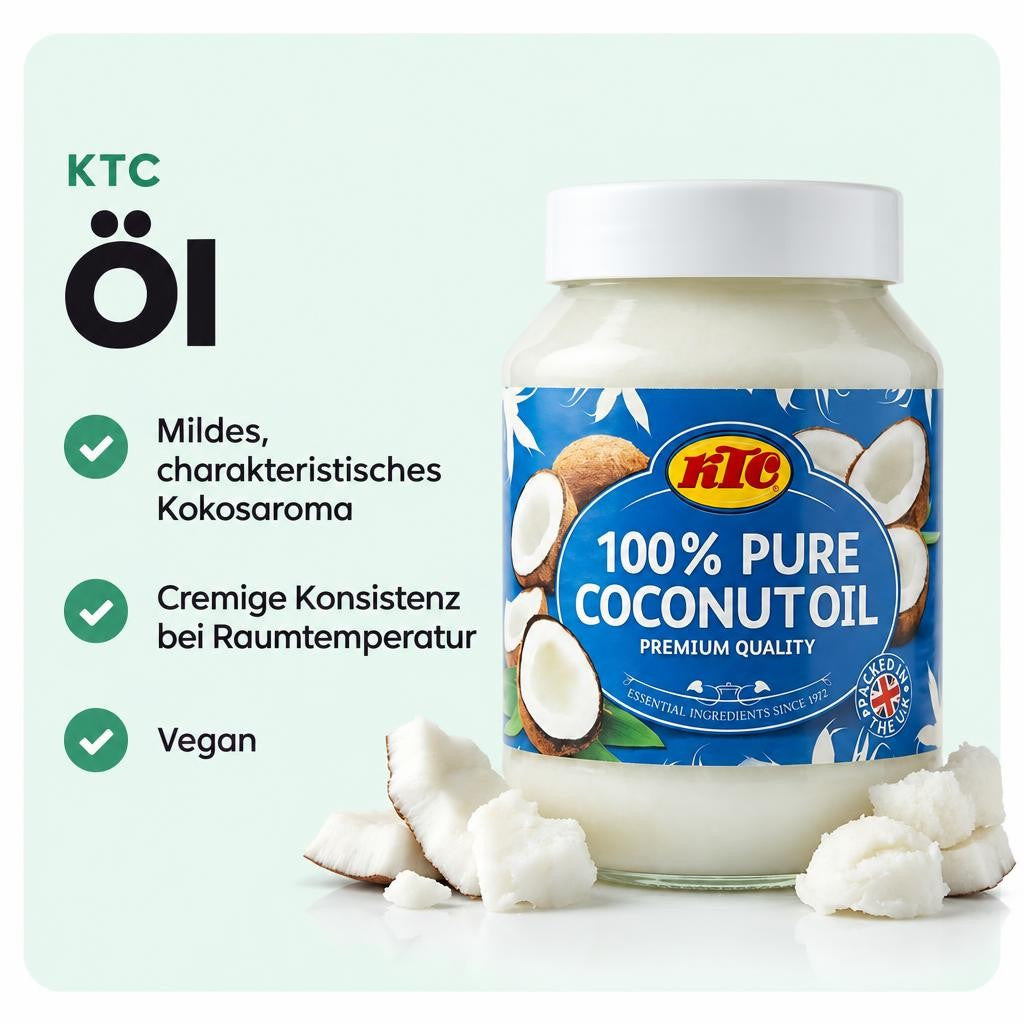 KTC Kokosnussöl überzeugt mit mildem Kokosaroma und cremiger Konsistenz.