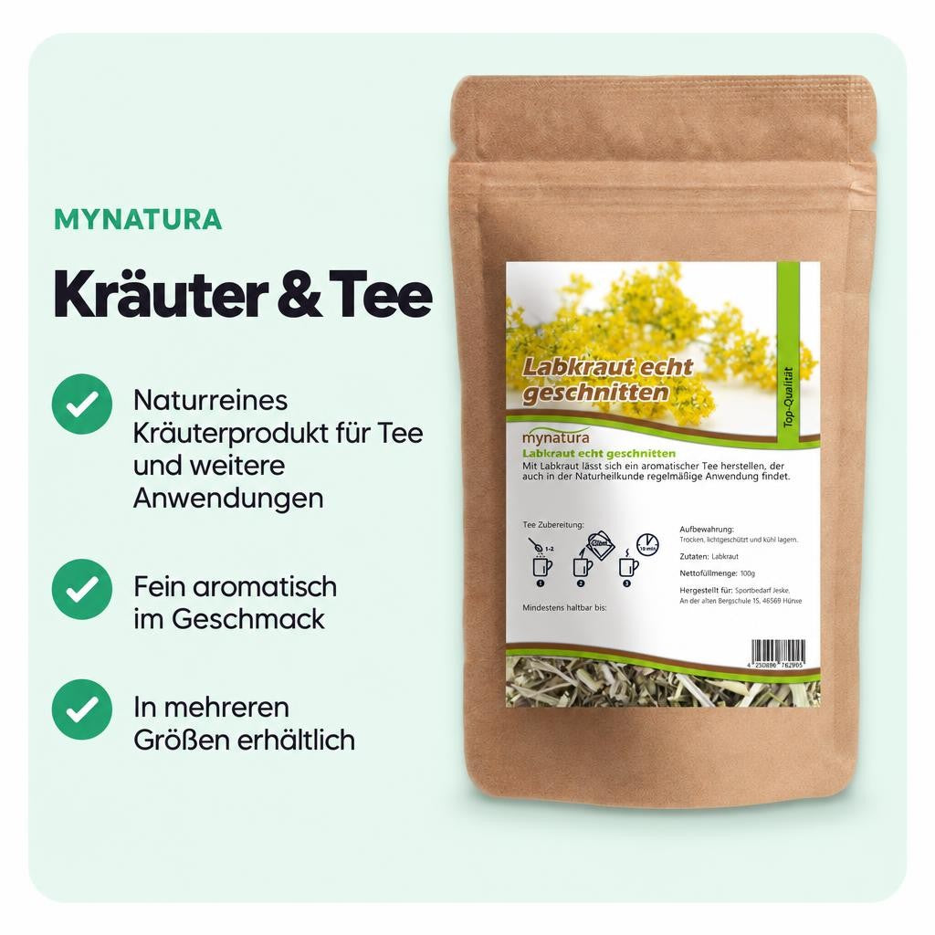 Getrocknetes und geschnittenes echtes Labkraut für vielseitige Kräuterzubereitungen.