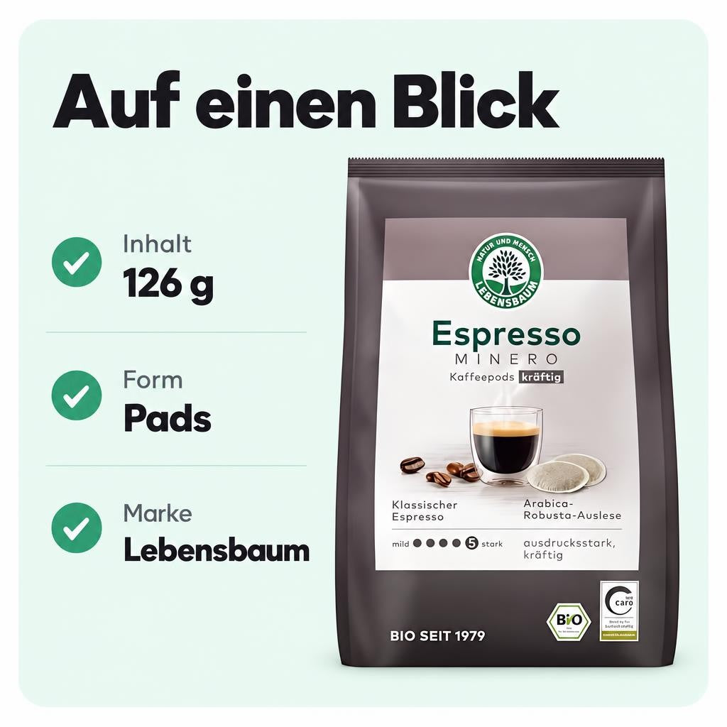 Espresso Minero Pads von Lebensbaum bieten intensiven Kaffeegenuss mit Bio-Arabica- und Robusta-Bohnen.
