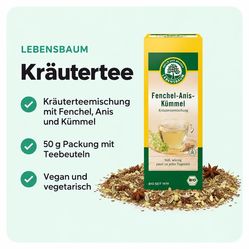 Kräuterteemischung mit Fenchel, Anis und Kümmel im Teebeutel.