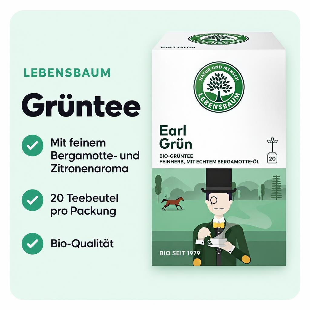 Aromatischer Bio-Grüntee mit Bergamotte- und Zitronennote in 20 Teebeuteln.