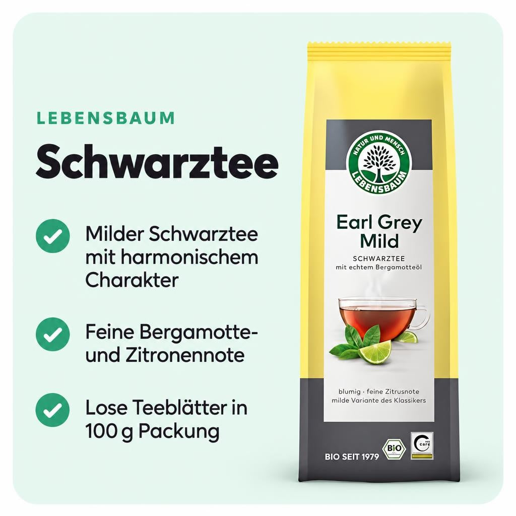 Milder Schwarztee mit feiner Bergamotte- und Zitronennote – loser Tee für entspannte Genussmomente.
