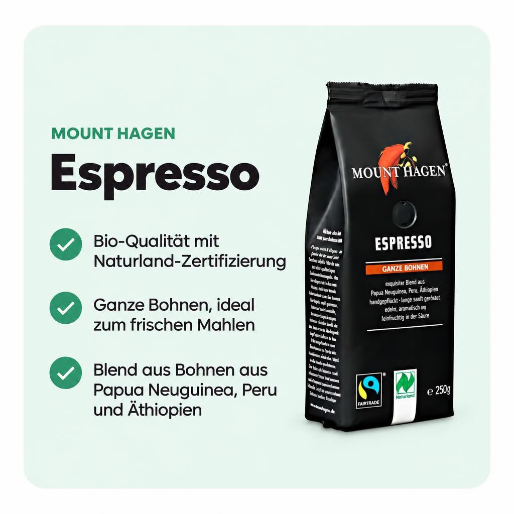 Bio-Arabica-Blend als ganze Bohne mit schokoladigen Noten und feinfruchtiger Säure.