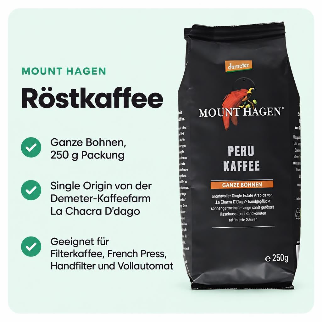 Single Origin Röstkaffee aus Peru mit mildem, nussigem und schokoladigem Geschmack.