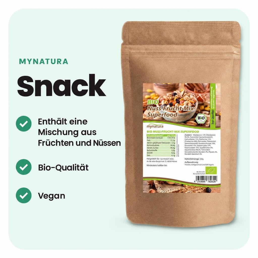 Bio-Frucht-Nuss-Mix mit Früchten und Nüssen in verschiedenen Größen.