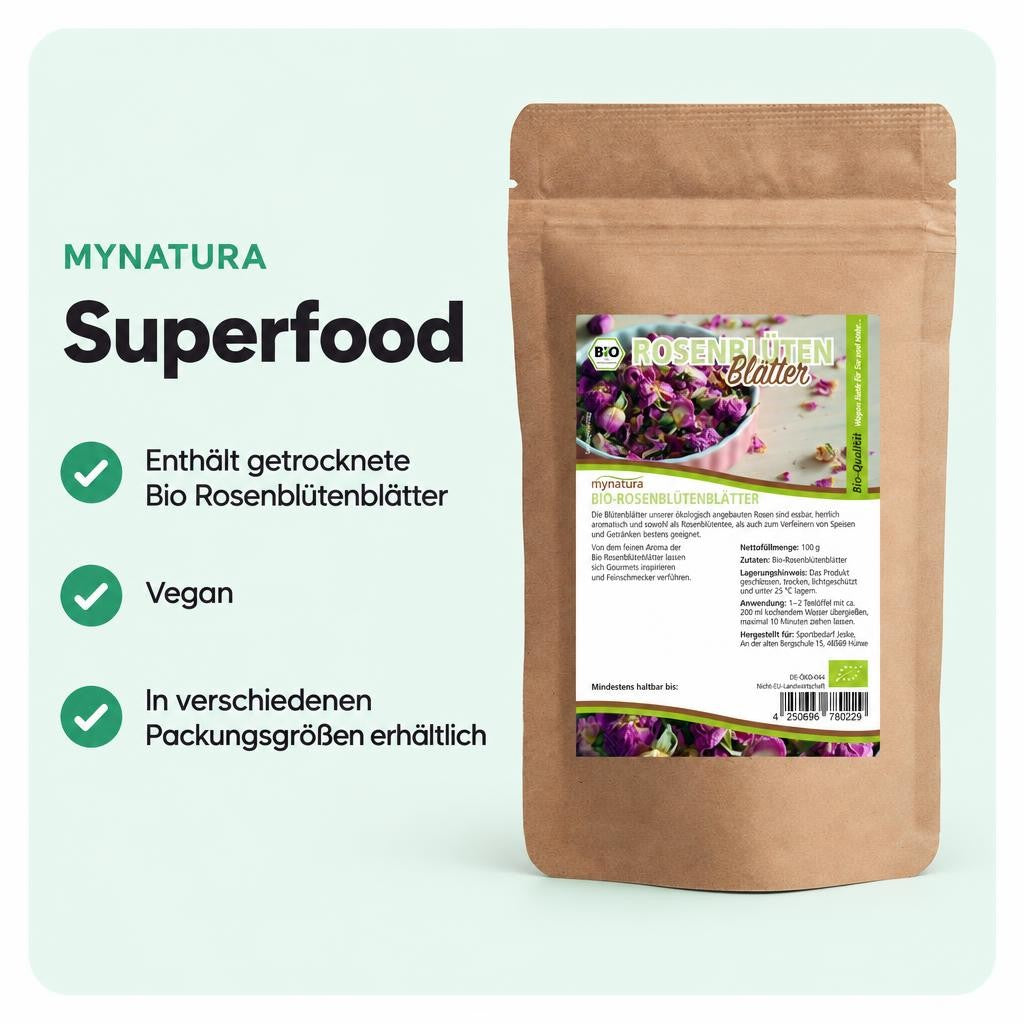 Getrocknete Bio Rosenblütenblätter von Mynatura bringen florale Eleganz in deine Küche.