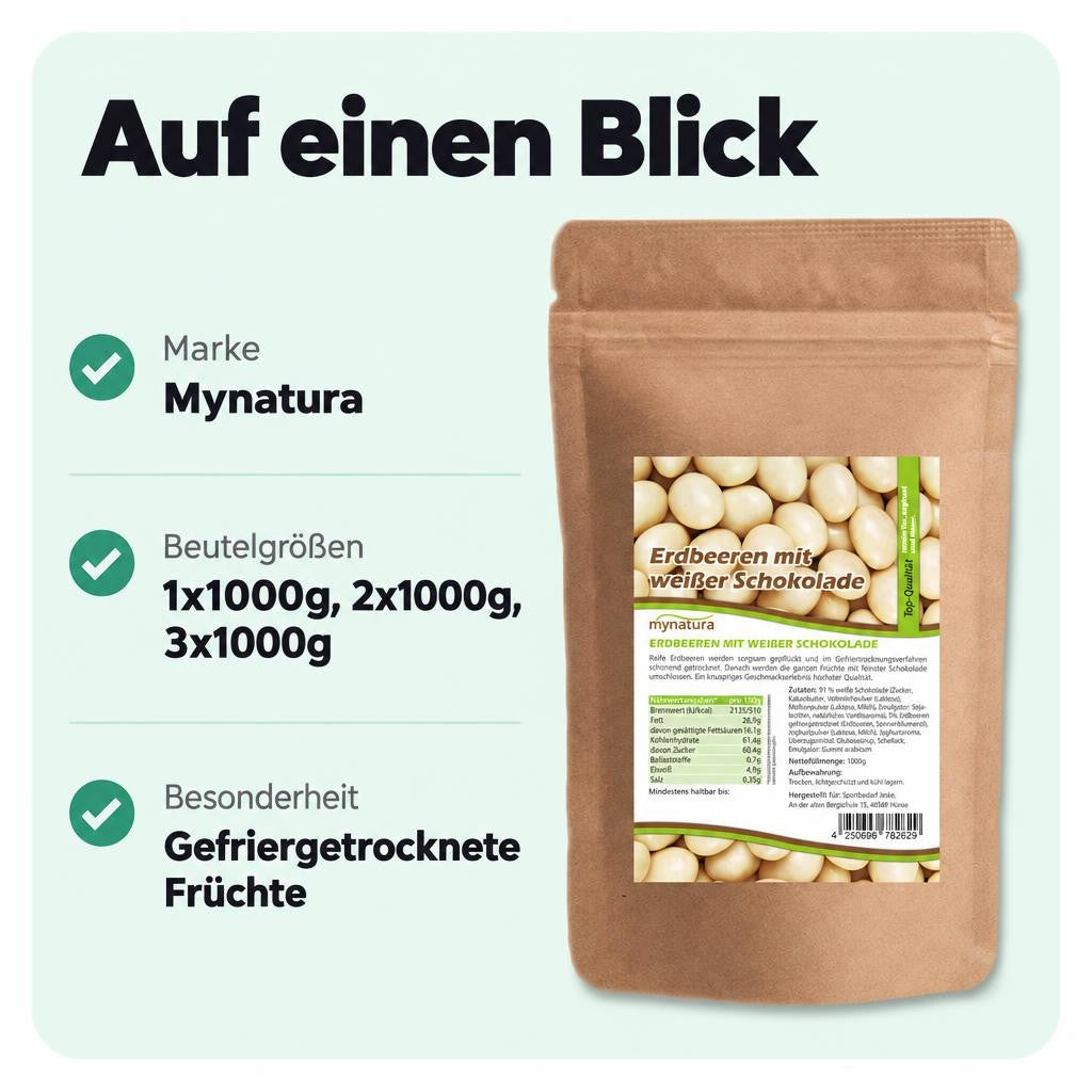 Mynatura gefriergetrocknete Erdbeeren in weißer Schokolade – in verschiedenen Größen – Bild 3