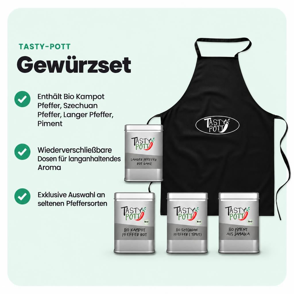 Entdecke vier aromatische Pfeffersorten in wiederverschließbaren Dosen.