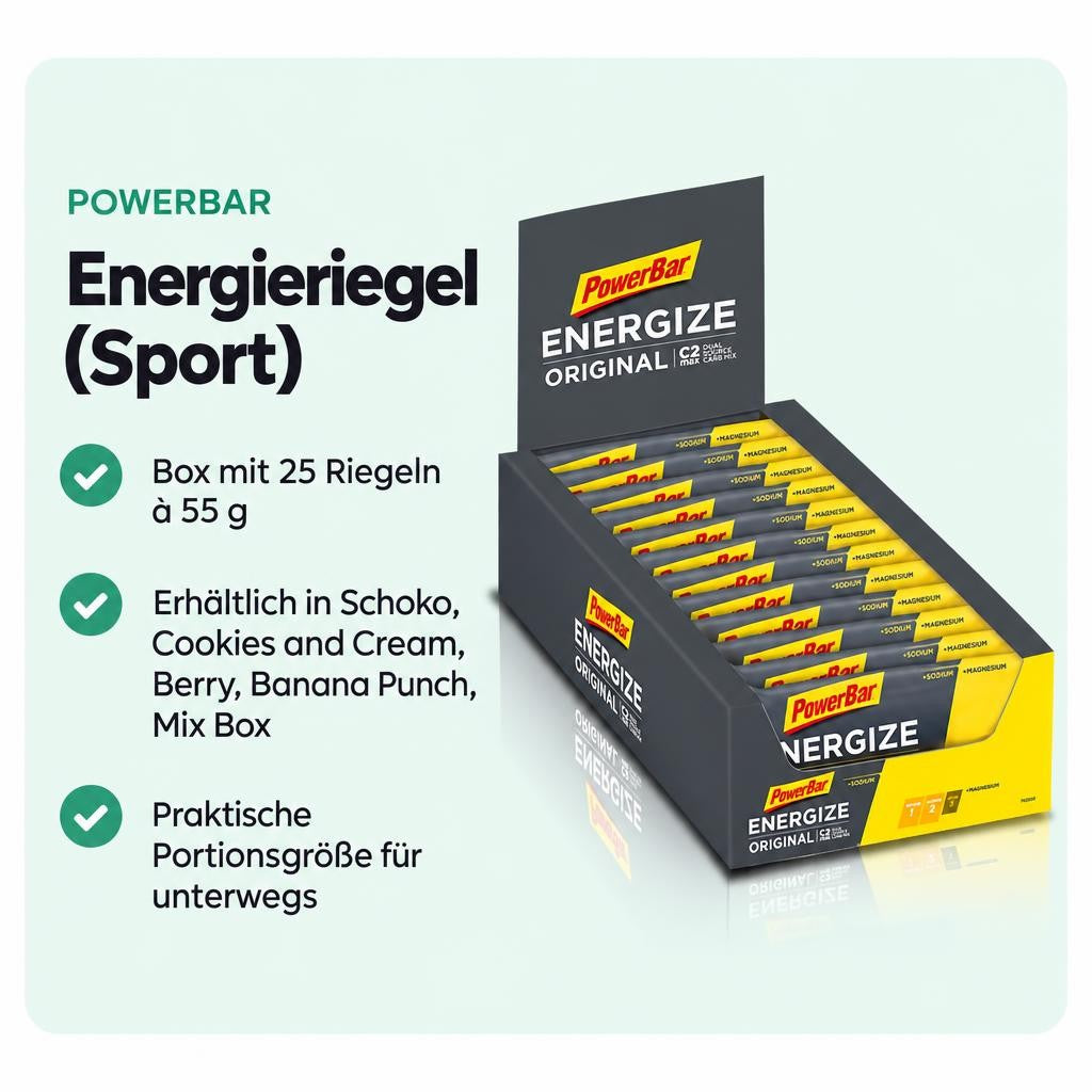 Energie-Riegel-Box mit 25 Riegeln à 55 g in verschiedenen Sorten.