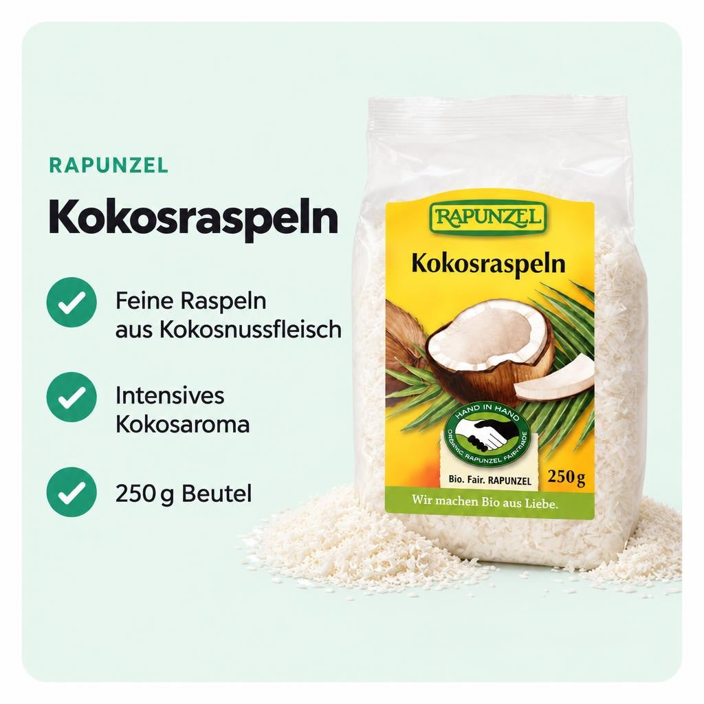 Feine Bio Kokosraspeln von Rapunzel – ideal für süße und herzhafte Rezepte.