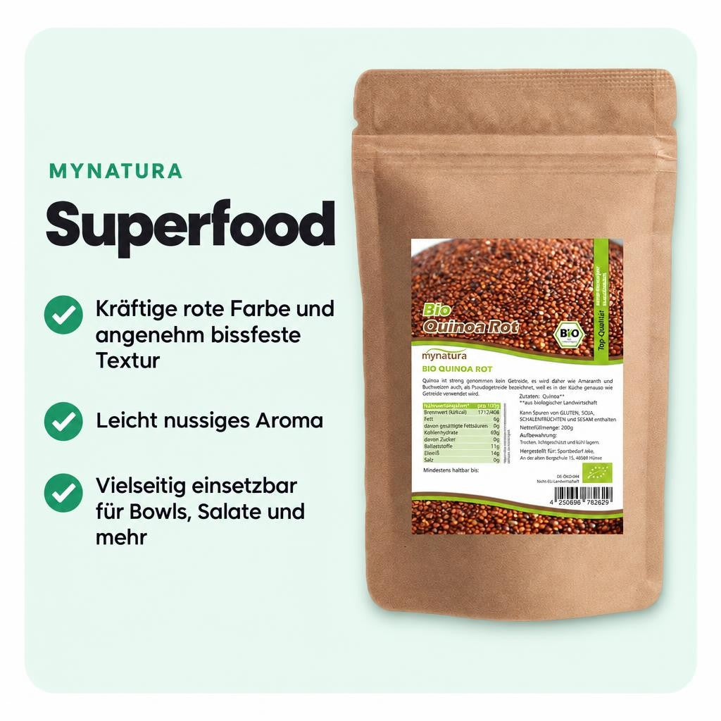 Rotes Bio Quinoa von Mynatura überzeugt mit bissfester Textur und nussigem Aroma.