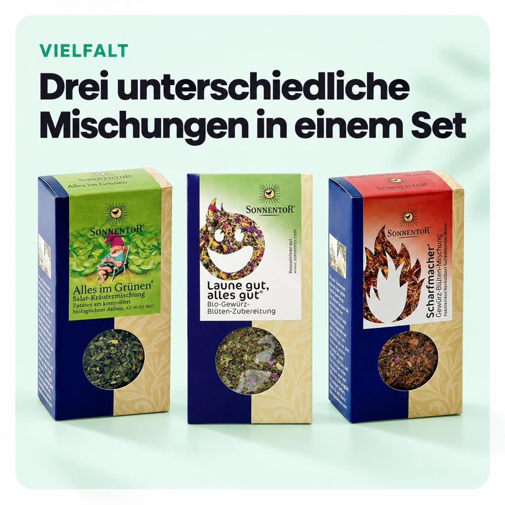 Sonnentor - 3er Set Gewürze - Scharfmacher (30g) Alles im Grünen (15g) Laune gut alles gut (15g) – Bild 4