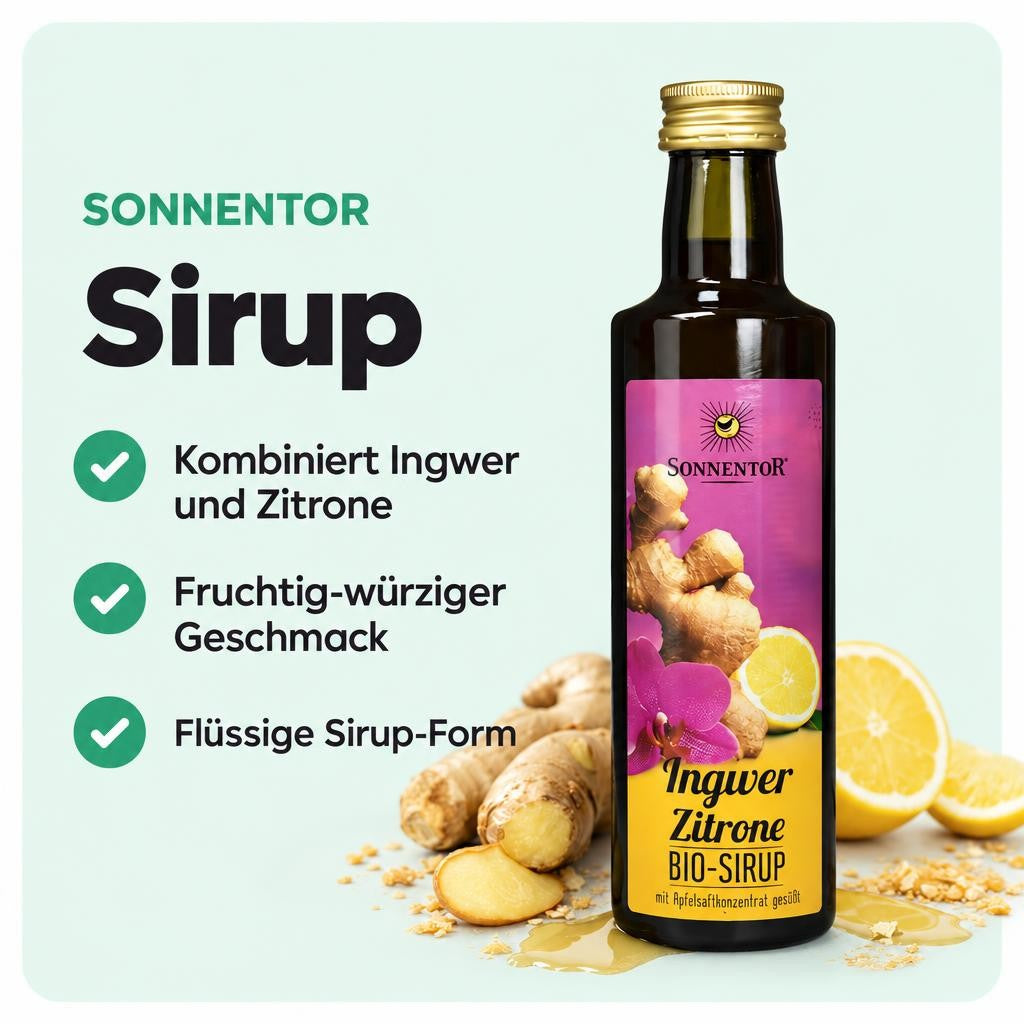 Fruchtig-würziger Ingwer-Zitronen Sirup von Sonnentor mit 500 ml Inhalt.