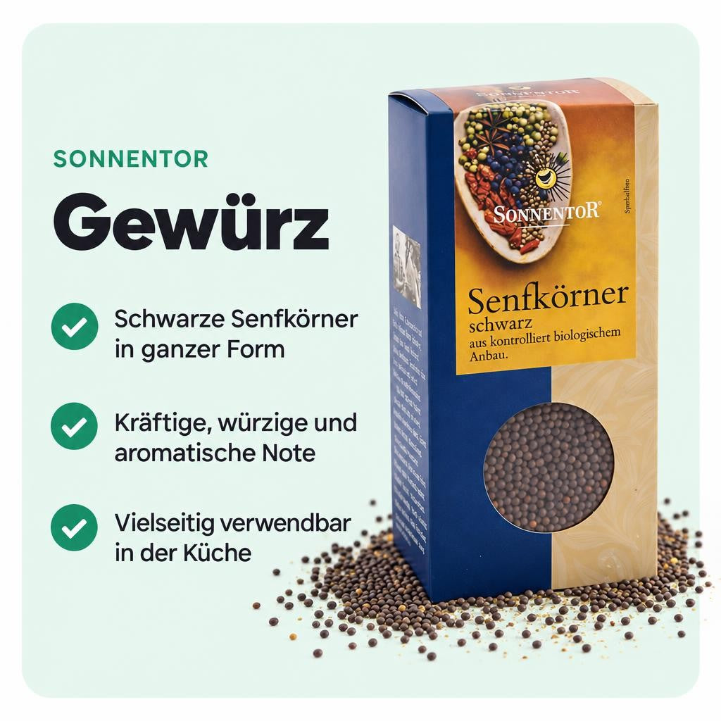 Schwarze Senfkörner mit kräftiger Würze und aromatischem Geschmack.