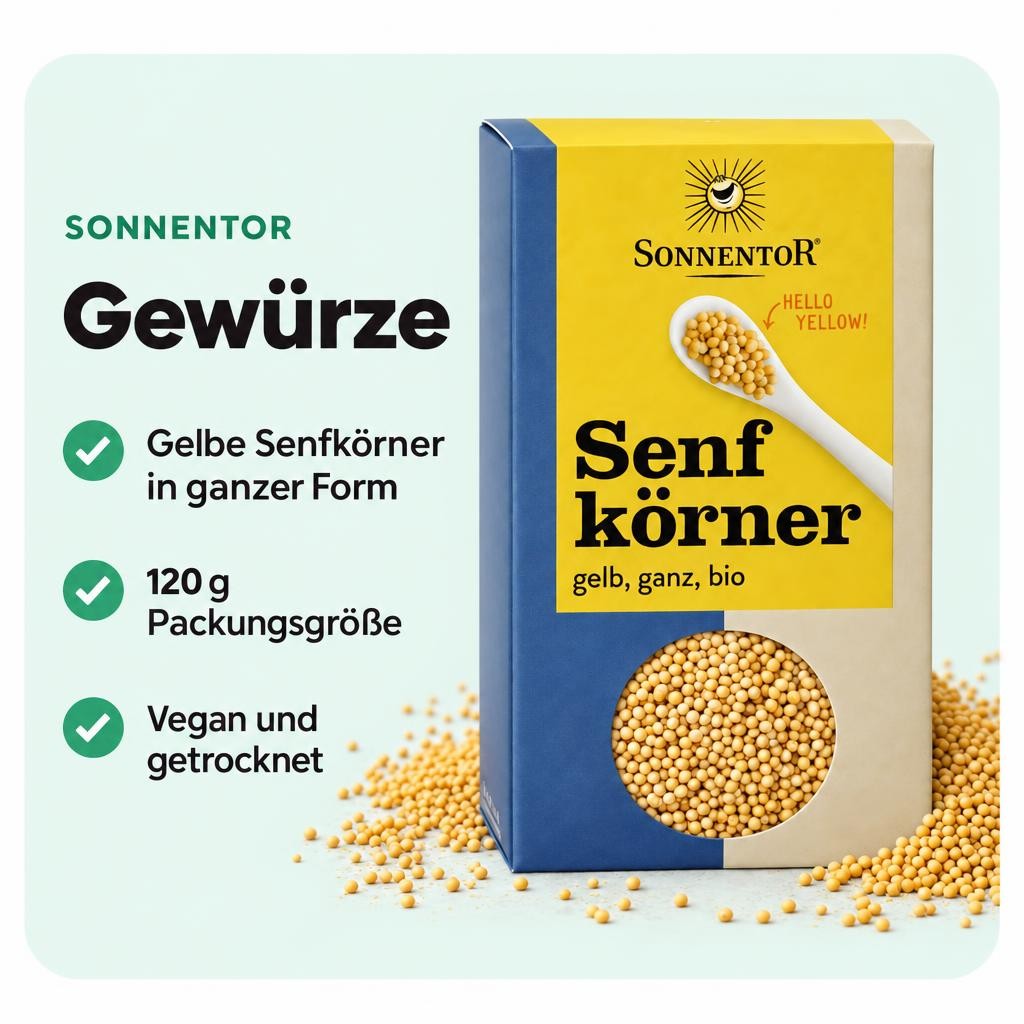 Gelbe Senfkörner in Bio-Qualität für vielseitige Würze.