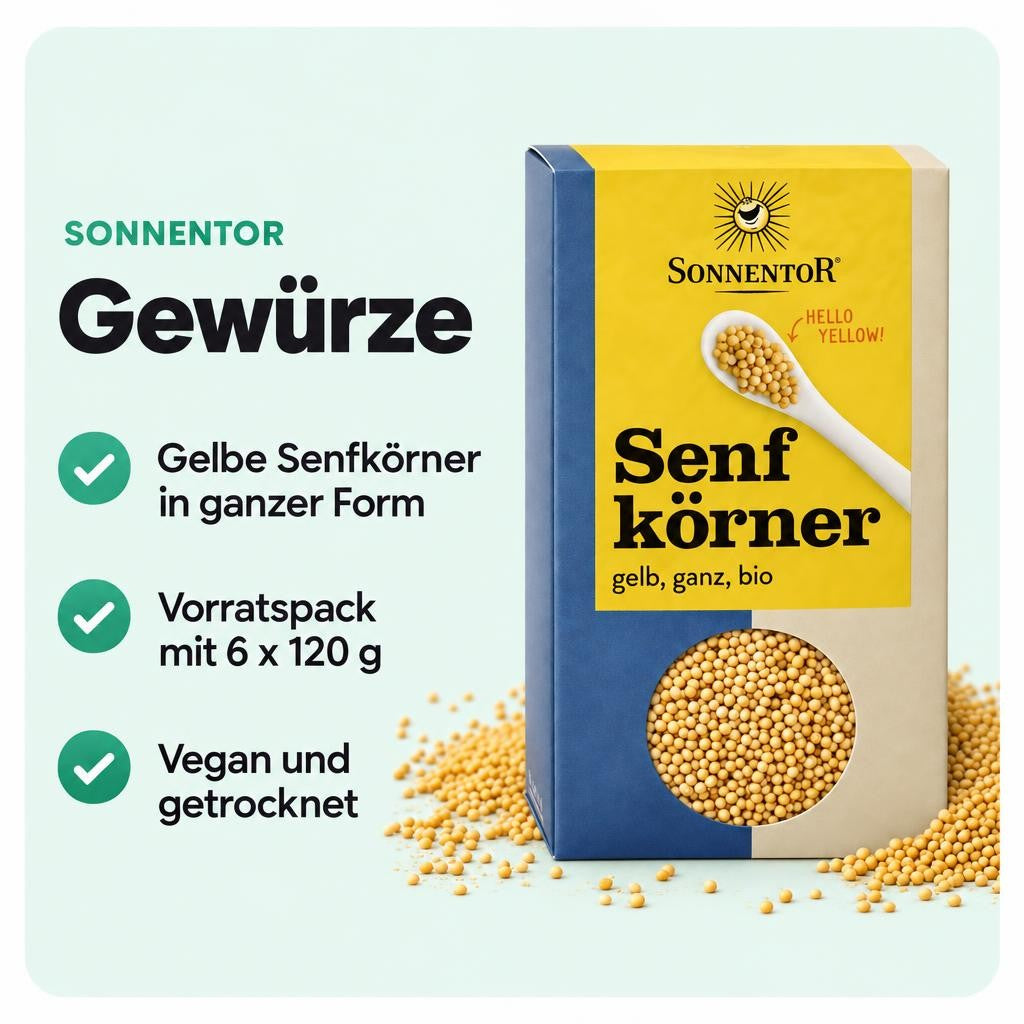 Gelbe Senfkörner im praktischen Vorratspack mit 720 g Inhalt.