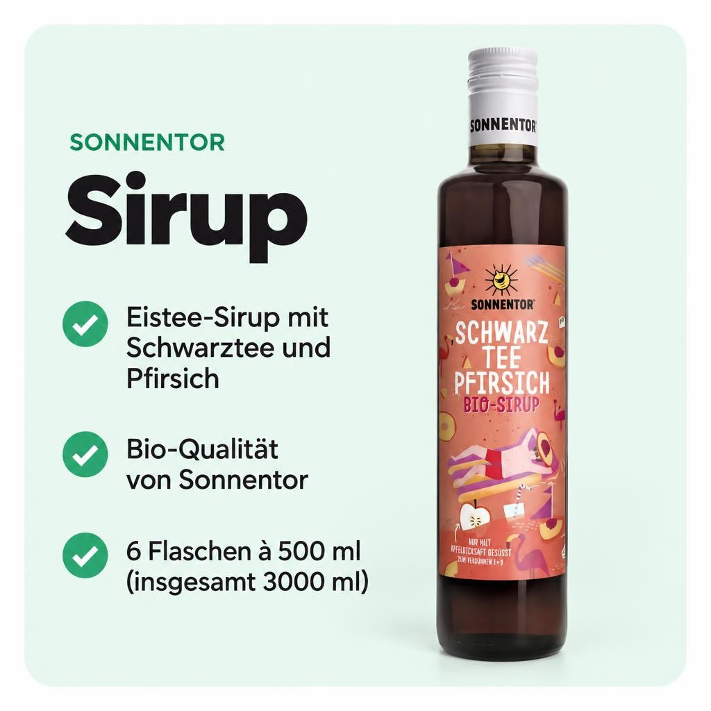 Sonnentor Bio Schwarztee-Pfirsich Eistee Sirup (6x 500ml) – Bild 2