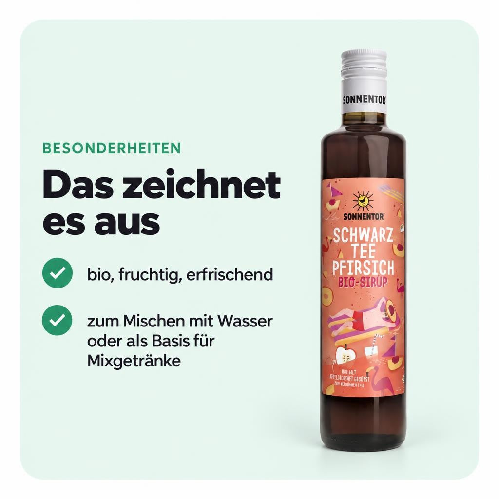 Sonnentor Bio Schwarztee-Pfirsich Eistee Sirup (6x 500ml) – Bild 5