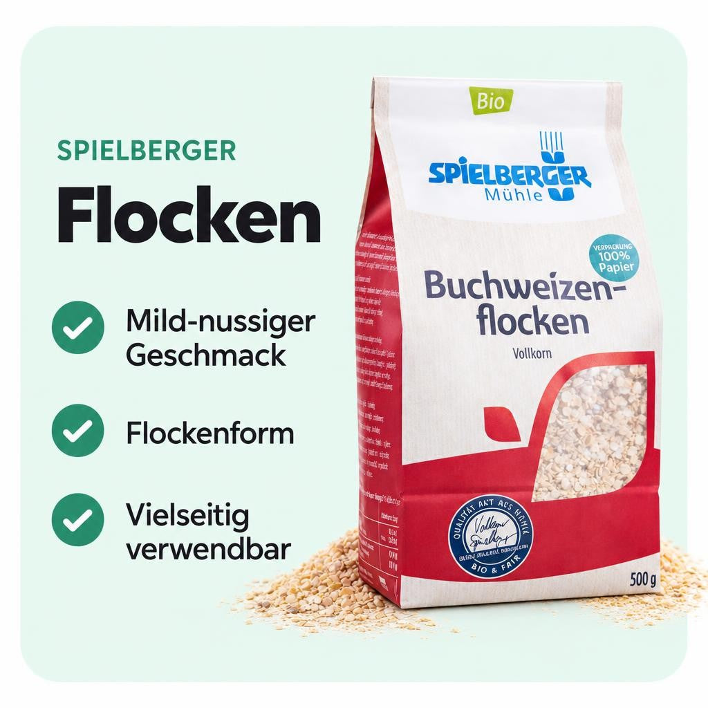 Mild-nussige Bio-Buchweizenflocken für Frühstück, Backen und Kochen.