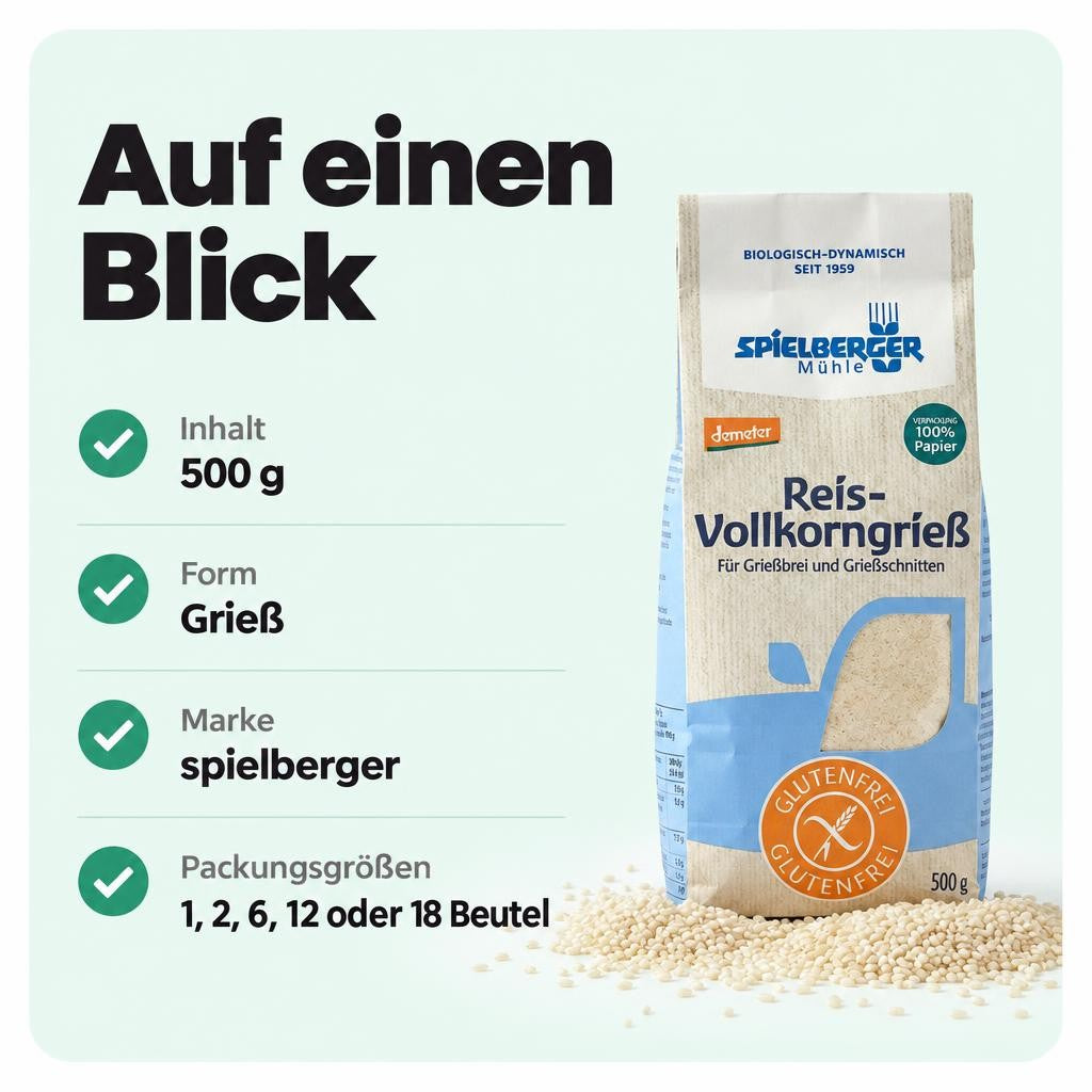 Glutenfreier Reis-Vollkorngrieß von Spielberger im 500 g Beutel.