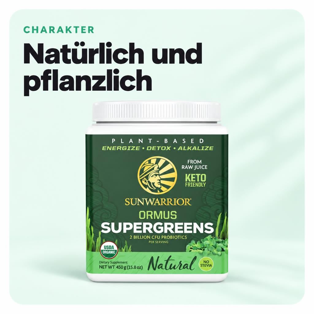 Grüne Superfood-Mischung mit natürlichem Charakter in der 226-g-Dose.