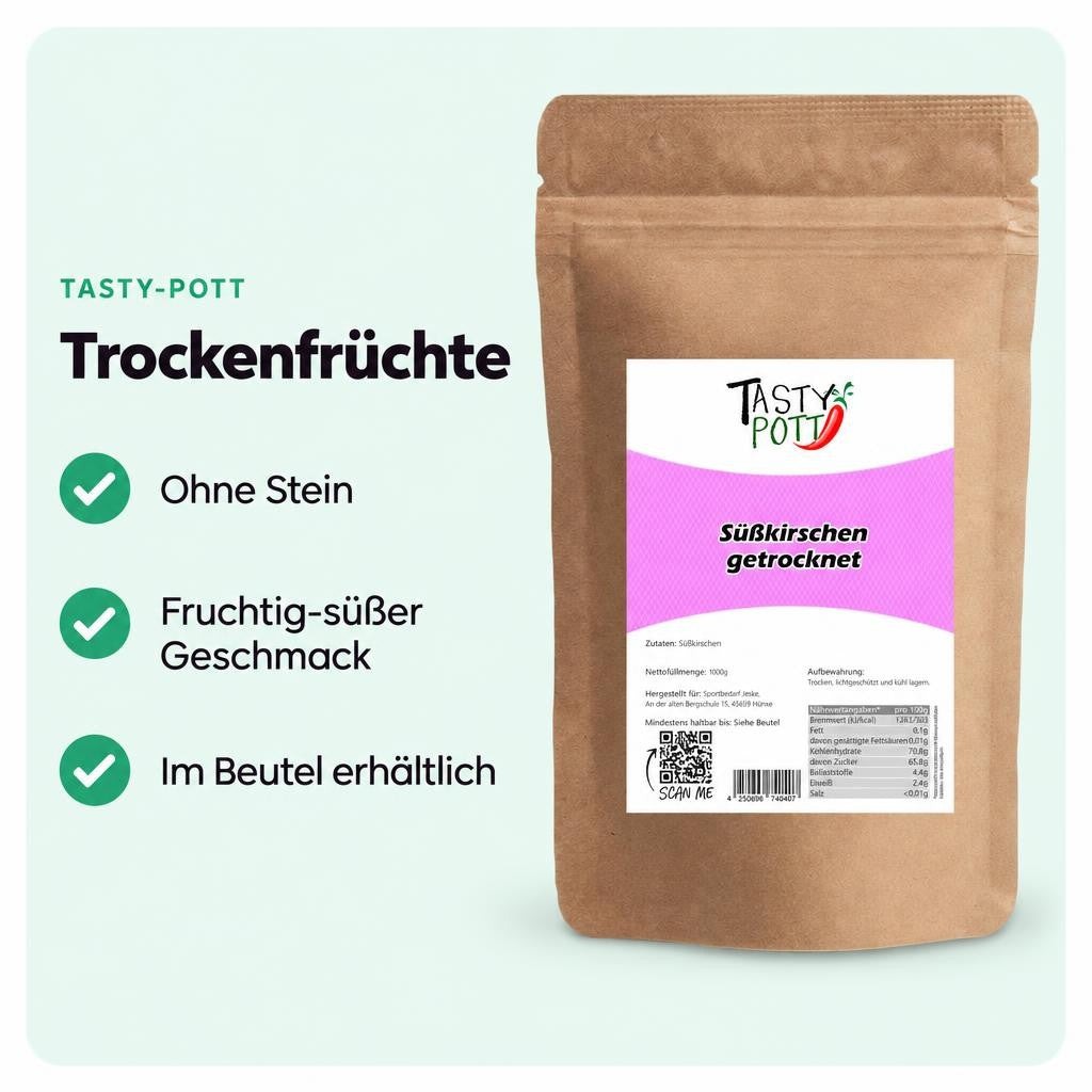 Getrocknete Süßkirschen ohne Stein mit fruchtig-süßem Geschmack im Beutel.