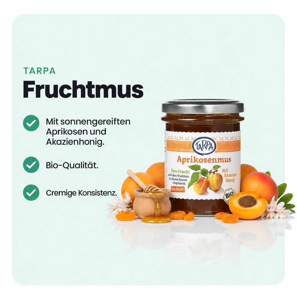 Fruchtig-süßes Bio-Aprikosenmus mit Akazienhonig im 210g-Glas.
