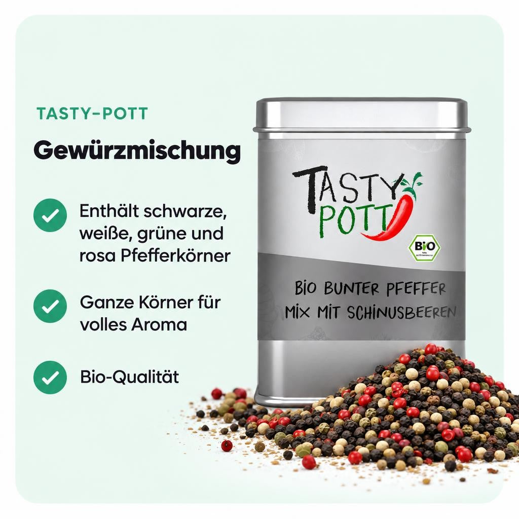 Vier Pfeffersorten in einer aromatischen Bio-Mischung mit ganzen Körnern.