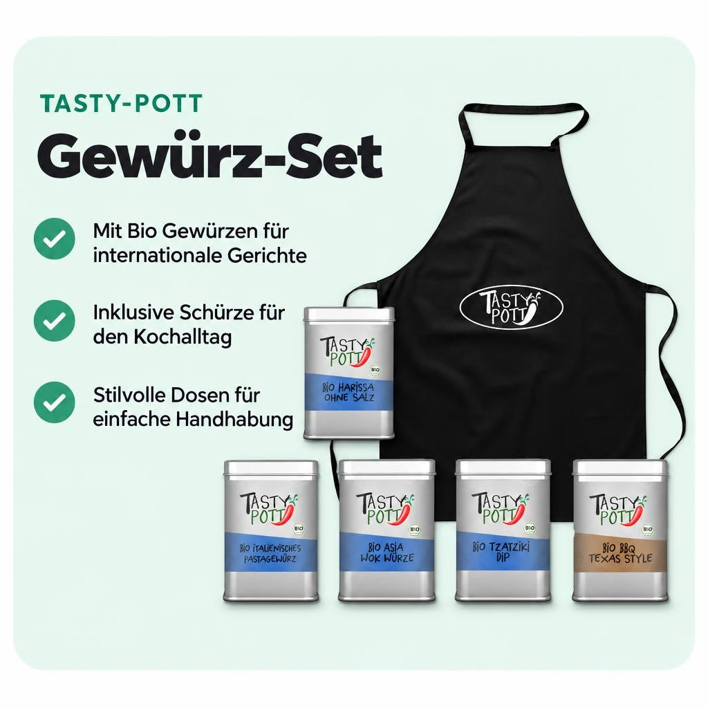 Tasty Pott Bio Gewürz Set „internationale Küche“ mit Schürze – Bild 2