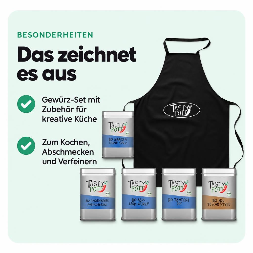 Tasty Pott Bio Gewürz Set „internationale Küche“ mit Schürze – Bild 5