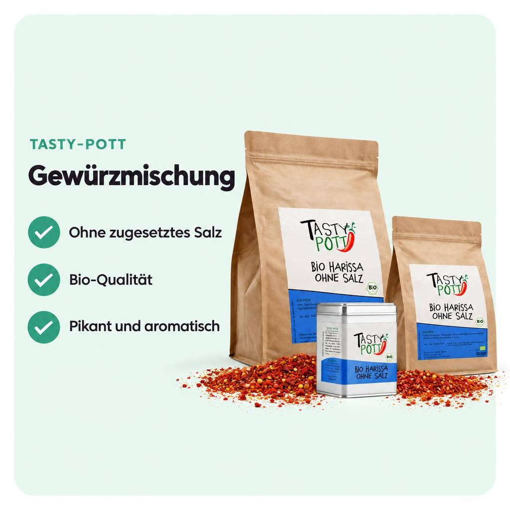 Bio Harissa ohne Salz bringt nordafrikanische Schärfe und aromatische Würze in deine Küche.