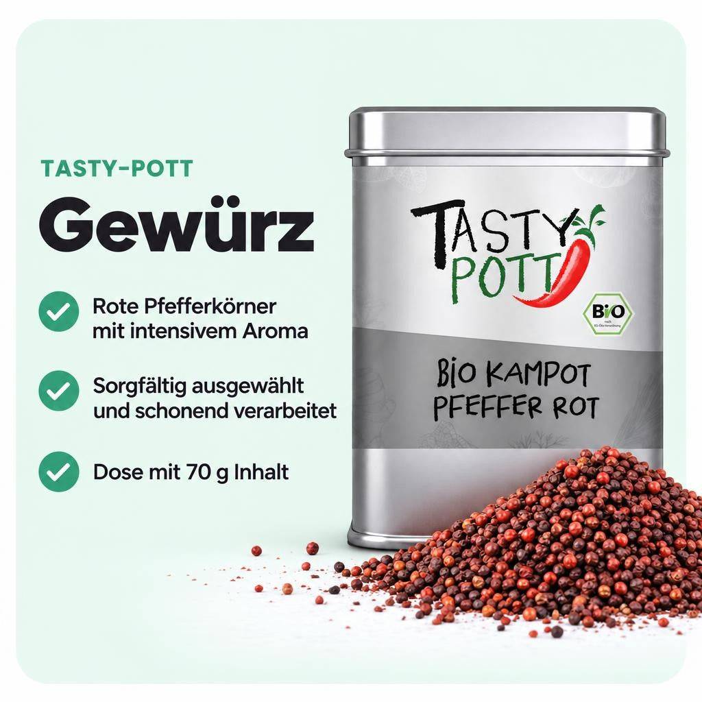 Tasty Pott Bio Kampot Pfeffer rot - Rote Pfefferkörner - 70g Dose – Bild 2