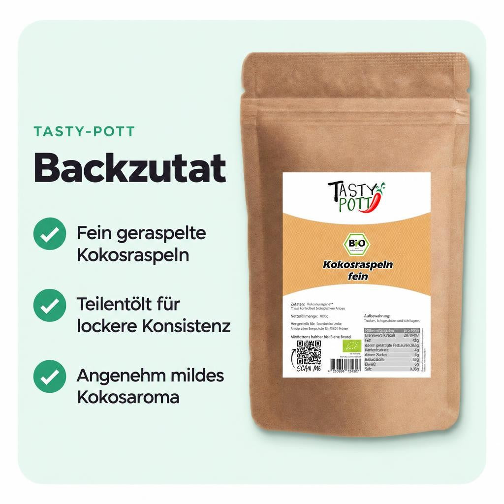 Fein geraspelte, teilentölte Bio Kokosraspeln für süße und herzhafte Rezepte.