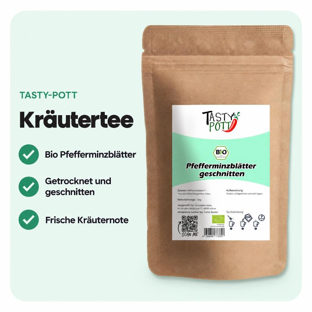 Bio Pfefferminzblätter getrocknet und geschnitten im Beutel – für Tee und kreative Rezepte.