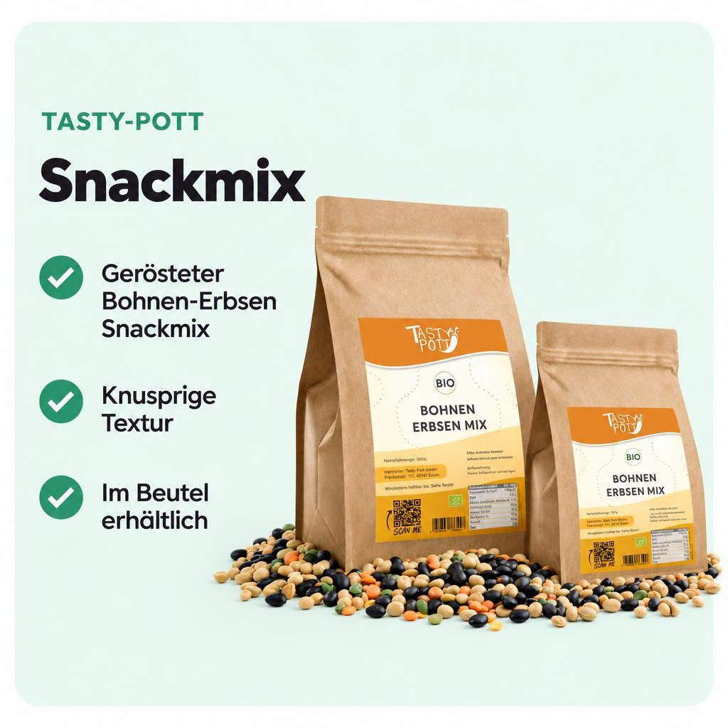 Knuspriger Bohnen-Erbsen Mix, geröstet und gesalzen im 1-kg-Beutel.