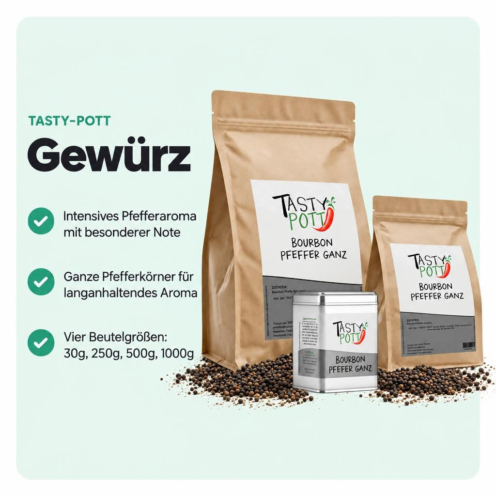 Schwarzer Bourbon Pfeffer ganz im Beutel für aromatische Würze.