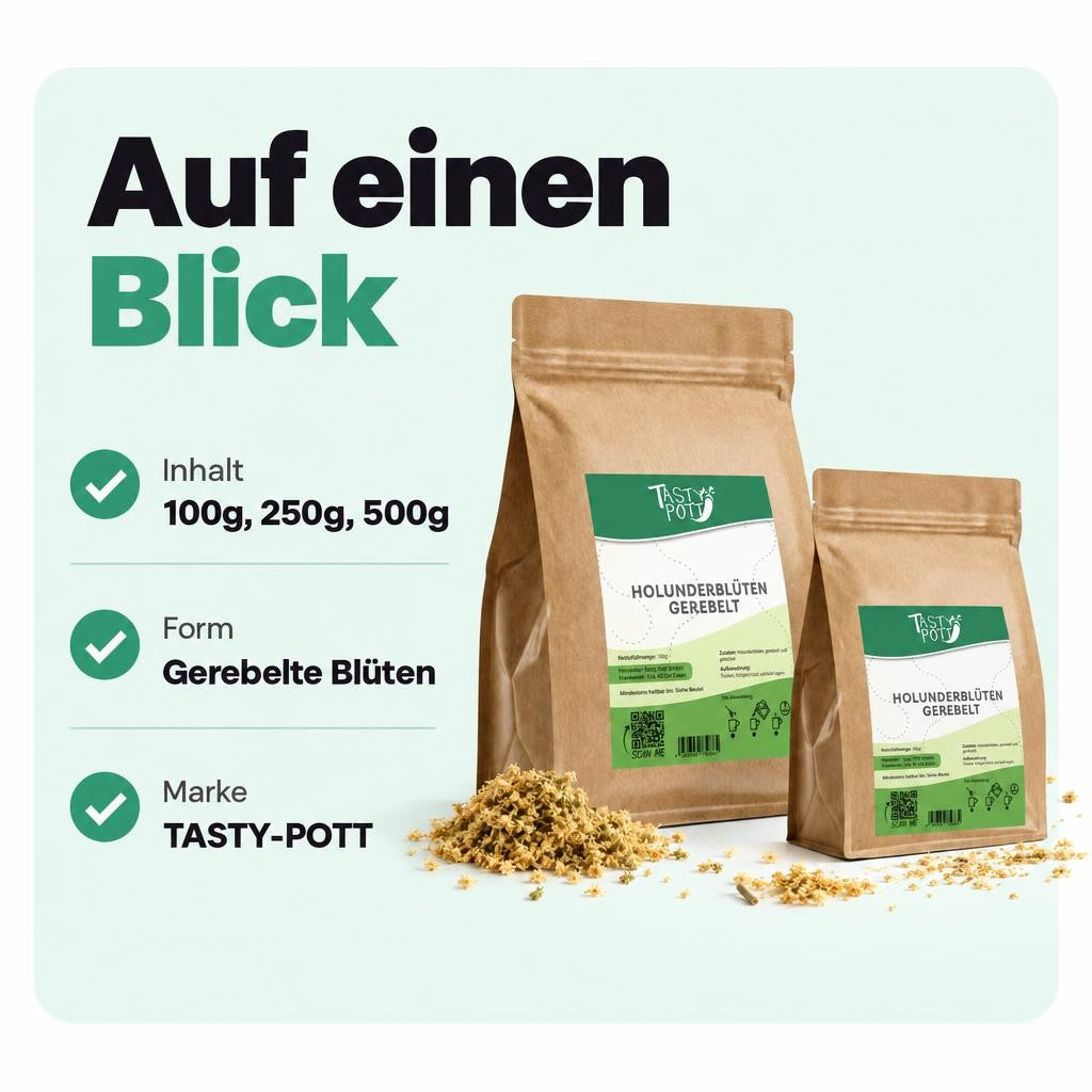 Fein-aromatische Holunderblüten – schonend getrocknet und vielseitig verwendbar.