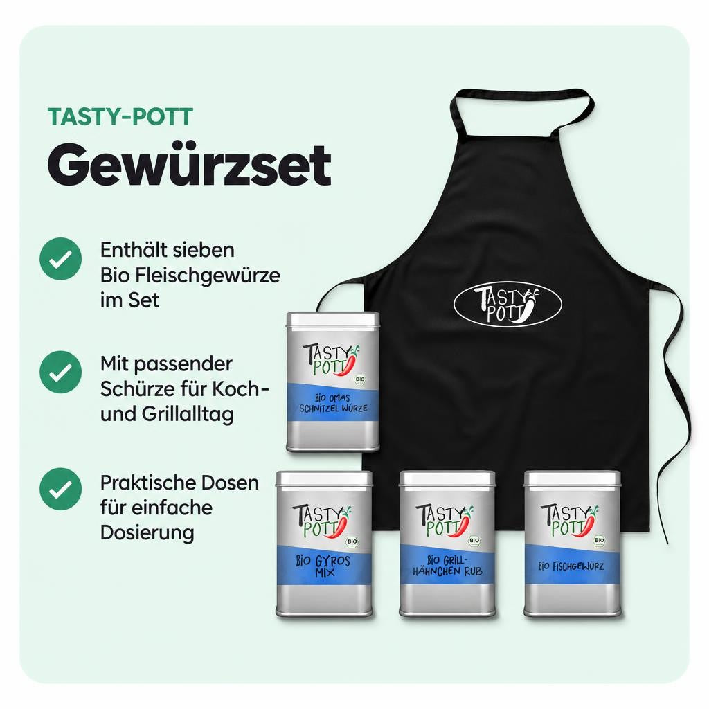 Tasty Pott Bio Gewürz Set 7 - Schmackhafte Fleischgewürze + Schürze – Bild 2
