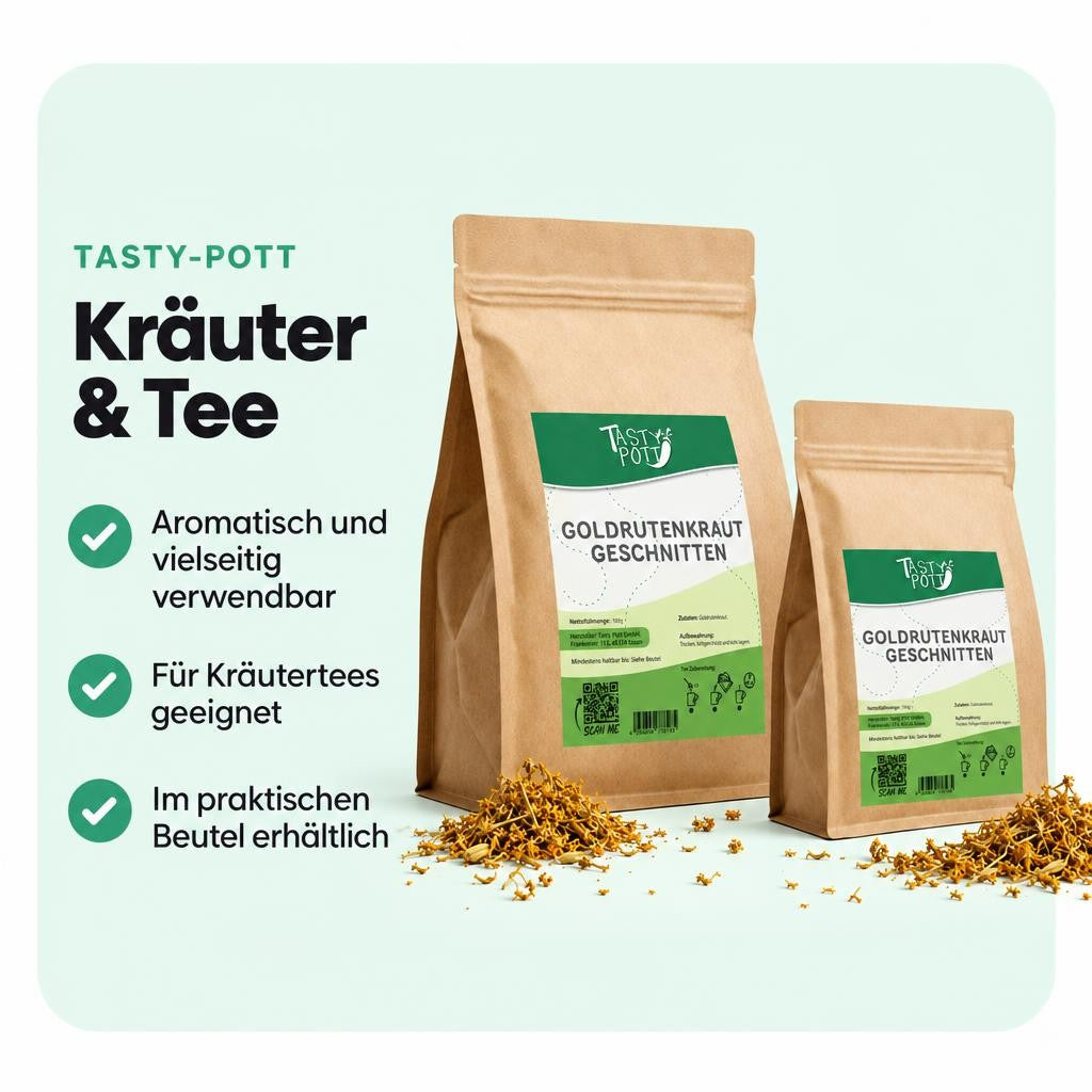 Getrocknetes und geschnittenes Goldrutenkraut im Beutel für vielseitige Kräuteranwendungen.