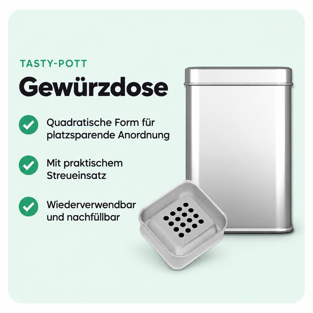 Quadratische Premiumdose mit Streueinsatz für Gewürze und Kräuter.