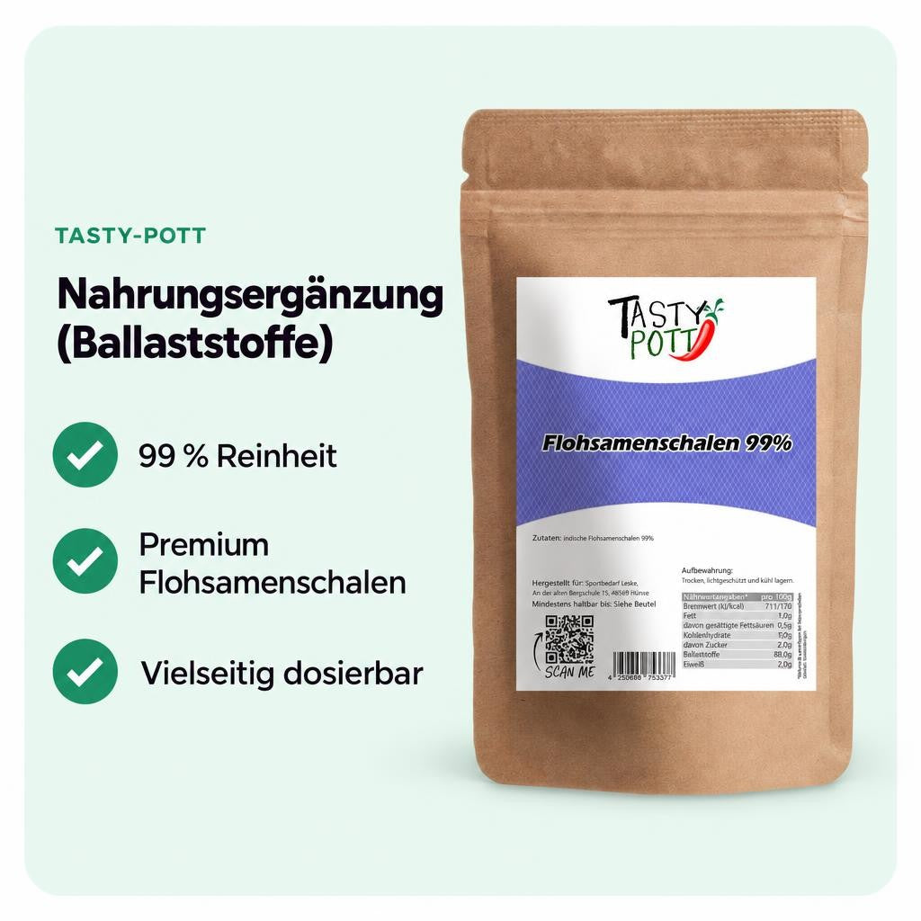 Premium Flohsamenschalen mit 99 % Reinheit im 1 kg Beutel.