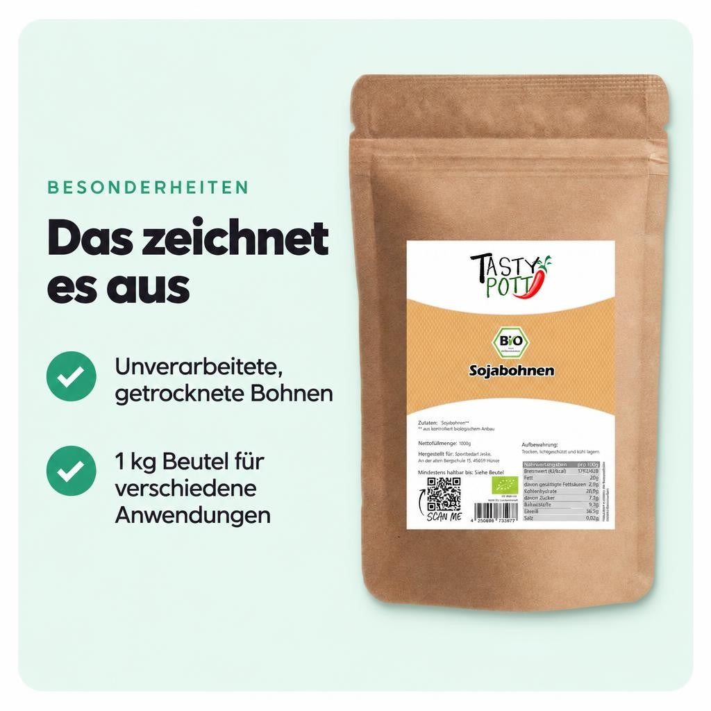 Tasty Pott Bio Sojabohnen getrocknet ganz - 1kg Beutel – Bild 5