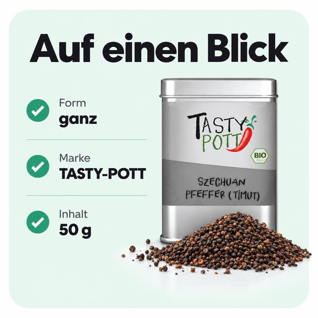 Ganze Szechuan (Timut) Pfefferkörner in der 50 g Dose zum Würzen.