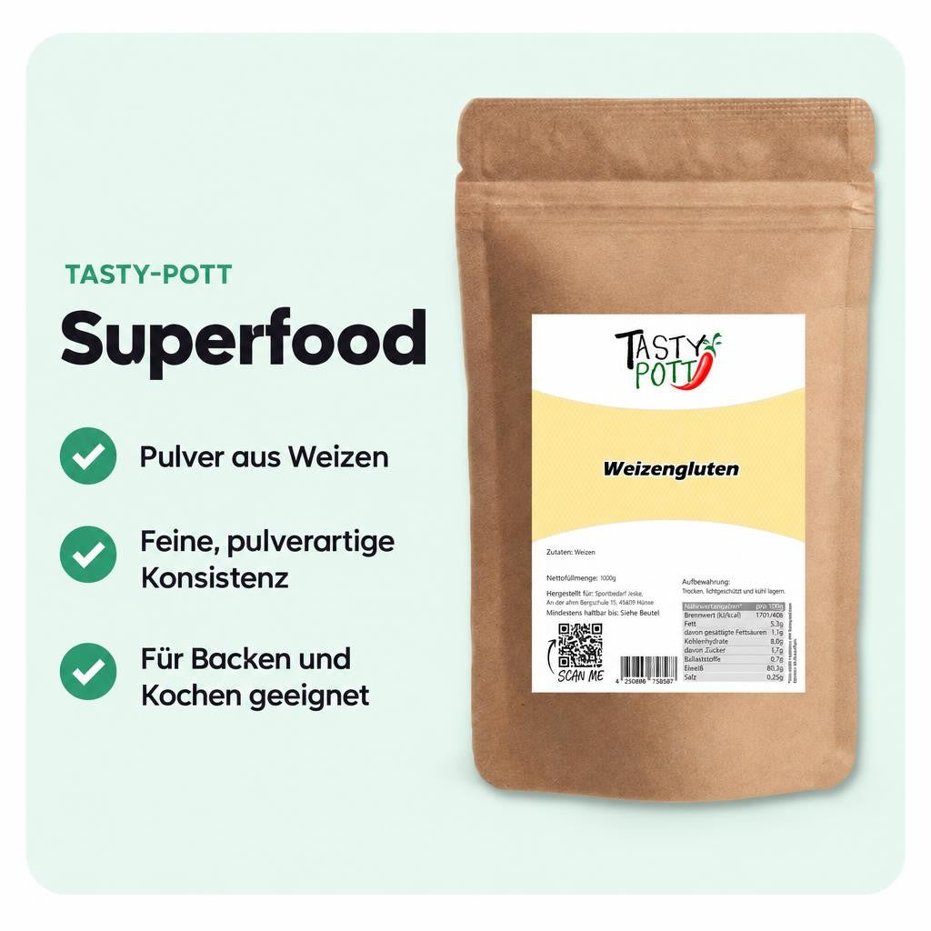 Feines Weizenglutenpulver als vielseitige Back- und Kochzutat.