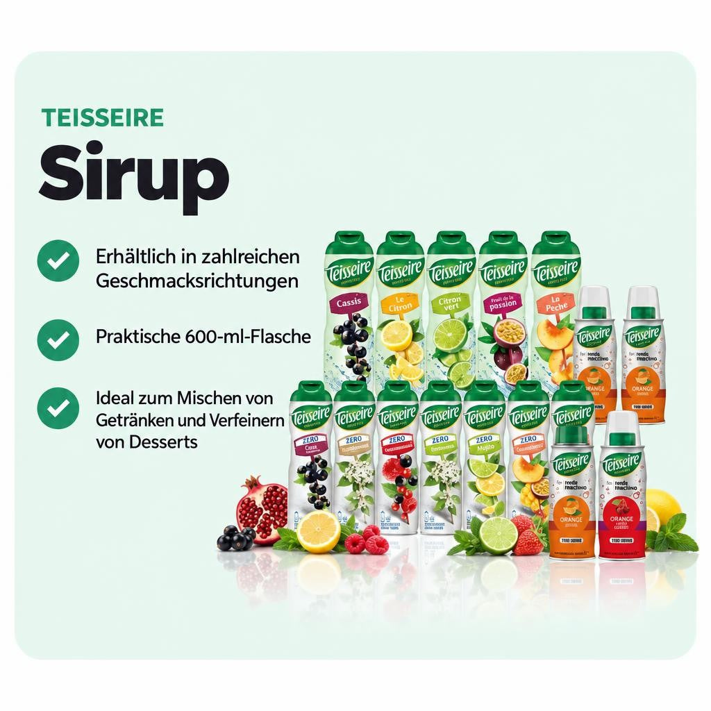 Fruchtiger Sirup in vielen Sorten für Getränke und Desserts.