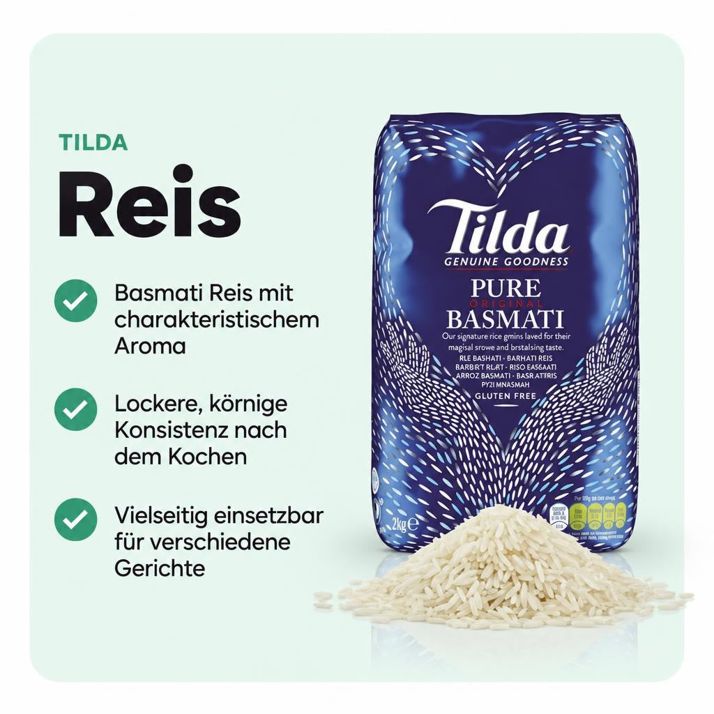 Aromatischer Basmati Reis von Tilda in der 1-kg-Packung.