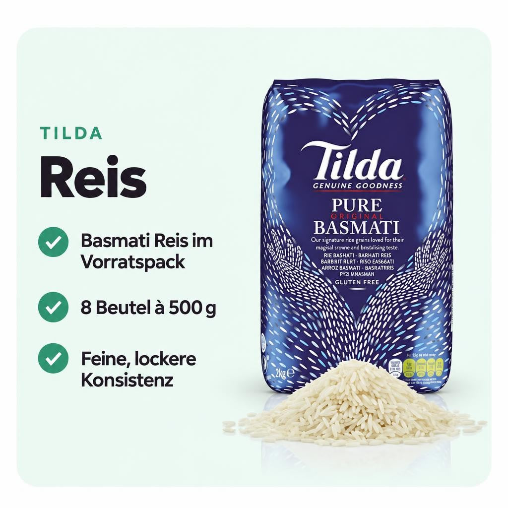 Aromatischer Basmati Reis im praktischen Vorratspack mit 8 x 500 g.