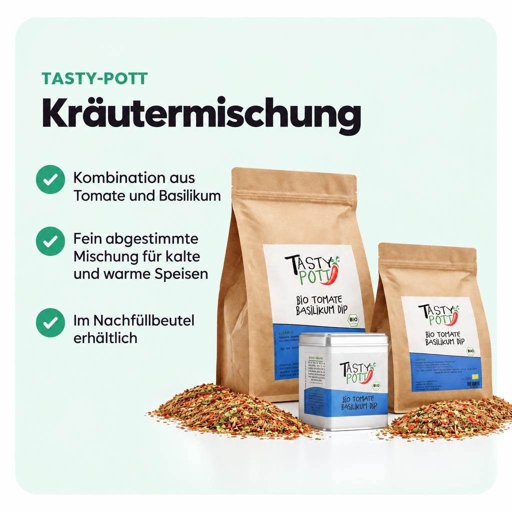Mediterrane Kräutermischung mit Tomate und Basilikum für vielseitige Gerichte.